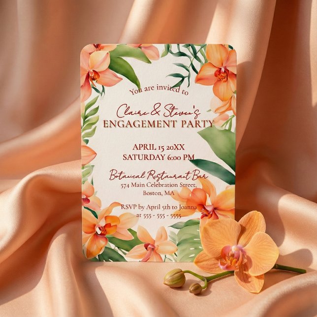 Invitación Tropical Orange Orchid & Greenery Engagement Party (Subido por el creador)