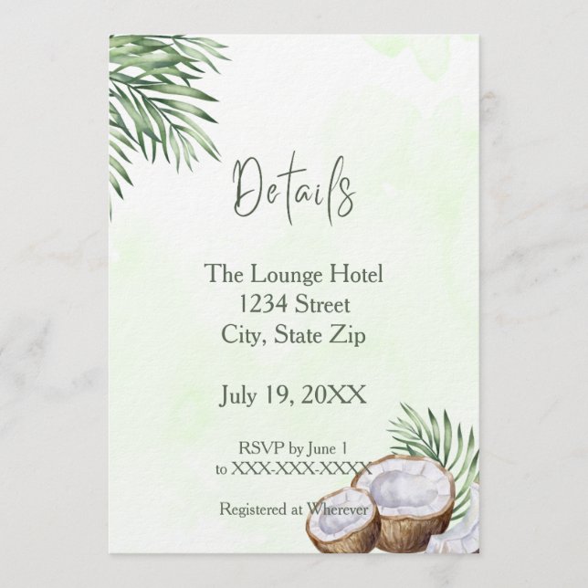Invitación Tropical Palm Leaf & Coconut Details Card (Anverso)