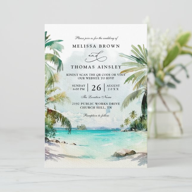 Invitación Tropical Palm Trees Beach Scene QR Code Wedding (Anverso de pie)