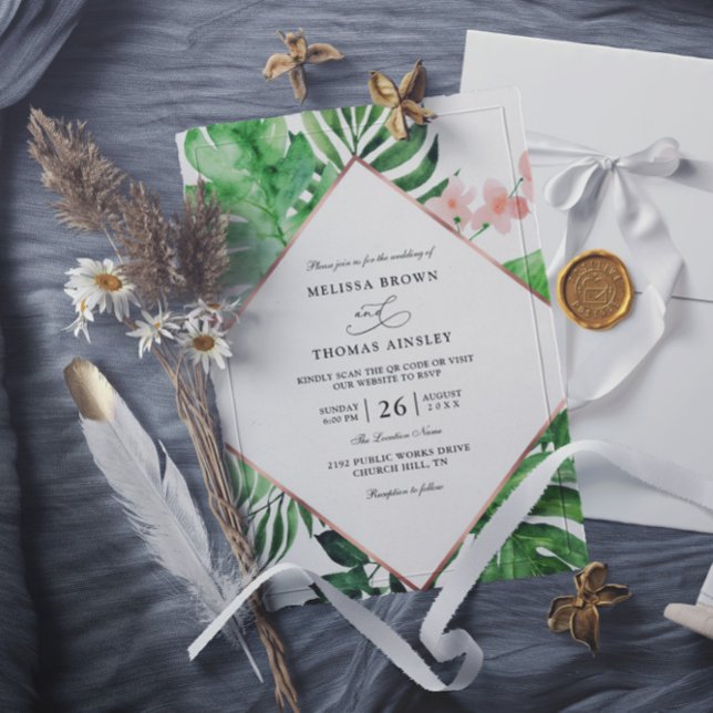 Invitación Tropical Palm Watercolor Budget QR Code Wedding (Subido por el creador)