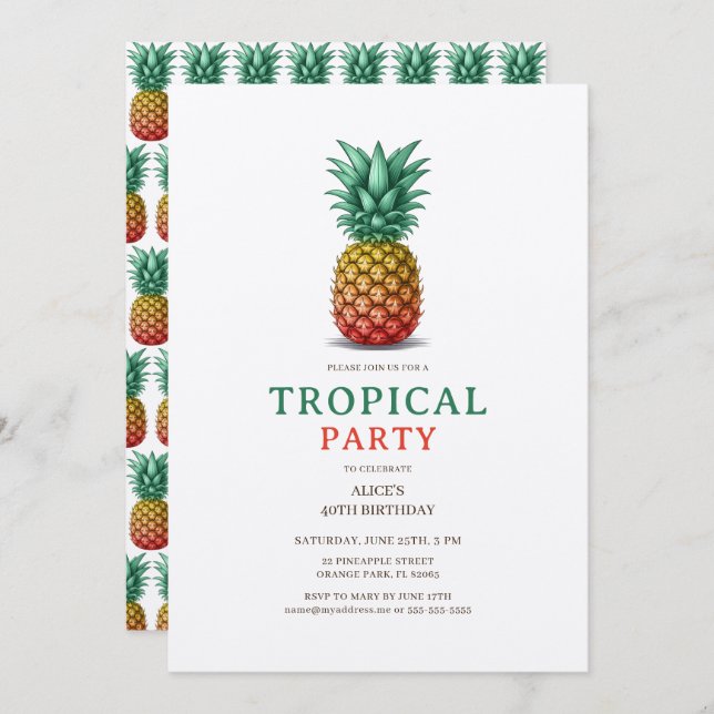 Invitación Tropical Party with retro pineapple Invitation (Anverso / Reverso)