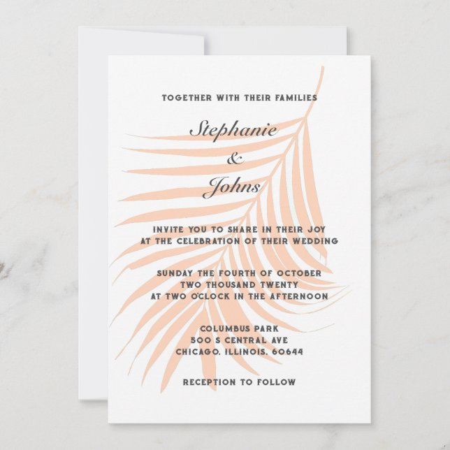 Invitación Tropical Peach Fuzz Palm Tree Leaf Elegante Boda (Anverso)