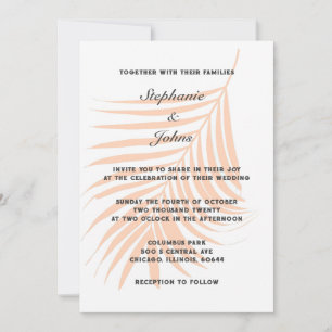 Invitación Tropical Peach Fuzz Palm Tree Leaf Elegante Boda
