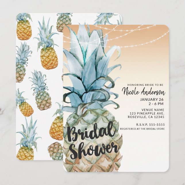 Invitación Tropical Piña & Luces de Cadena Despedida de Solte (Anverso / Reverso)
