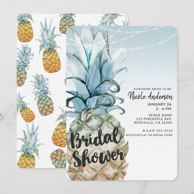 Invitación Tropical Piña & Luces de Cadena Despedida de Solte (Anverso / Reverso)