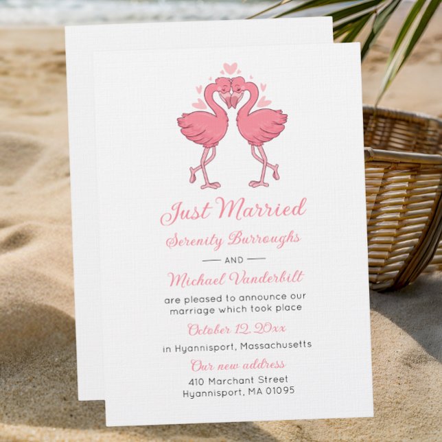 Invitación Tropical Pink Flamingo Just Married Announcement (Subido por el creador)