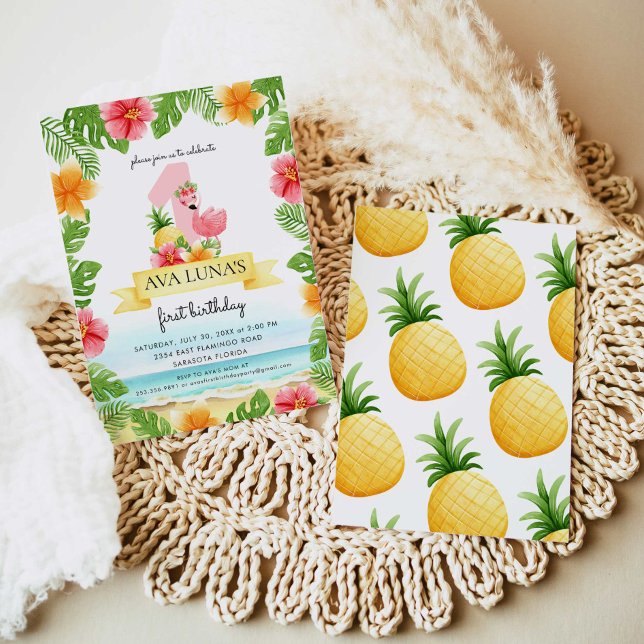 Invitación Tropical Pink Flamingo Summer Girl 1st Birthday (Subido por el creador)