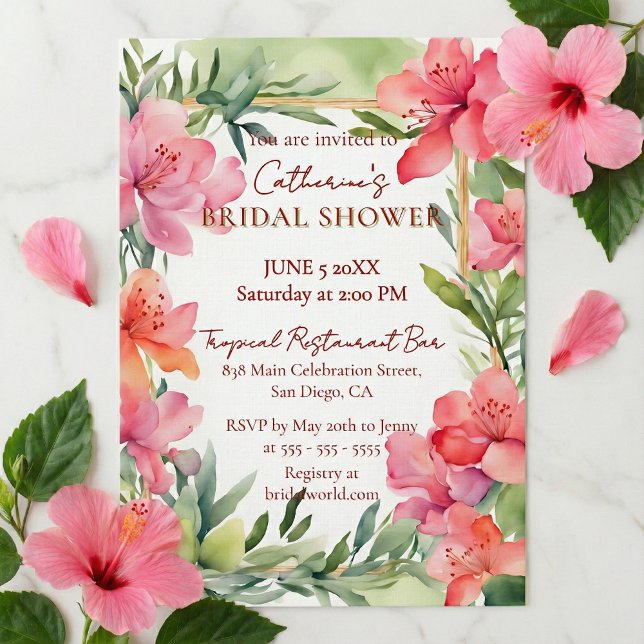 Invitación Tropical Pink Floral Greenery Gold Bridal Shower (Subido por el creador)