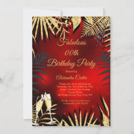 Invitación Tropical Red Gold Palms Champagne Birday Party