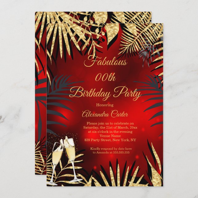 Invitación Tropical Red Gold Palms Champagne Birday Party (Anverso / Reverso)