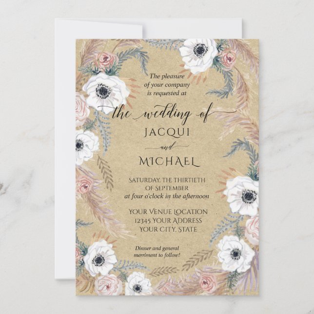 Invitación Tropical Rustic Kraft White Floral BOHO Pampas (Anverso)