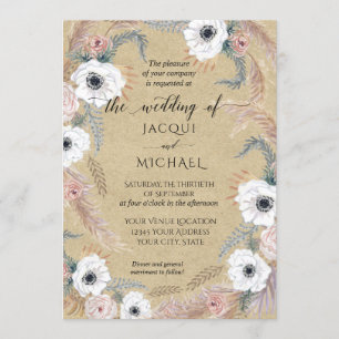 Invitación Tropical Rustic Kraft White Floral BOHO Pampas