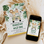 Invitación Tropical Safari Wild One Jungle Animals Birthday<br><div class="desc">Safari themed birthday invitation featuring tropical green and gold watercolor greenery and a group of cute jungle animals</div>