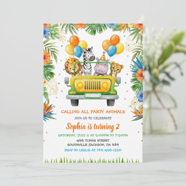 Invitación Tropical Safari Wild One Jungle Animals Birthday (Anverso de pie)