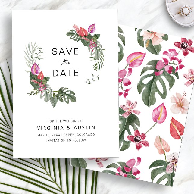 Invitación Tropical Salvar la Fecha (Tropical Floral Watercolor Save The Date Invitation by Painted Paperie
)
