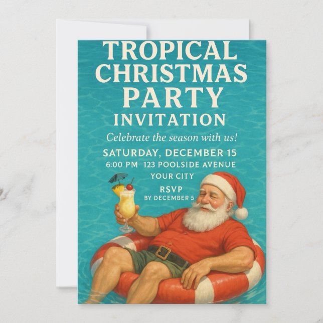 Invitación Tropical Santa Pool Christmas Party Invite (Anverso)