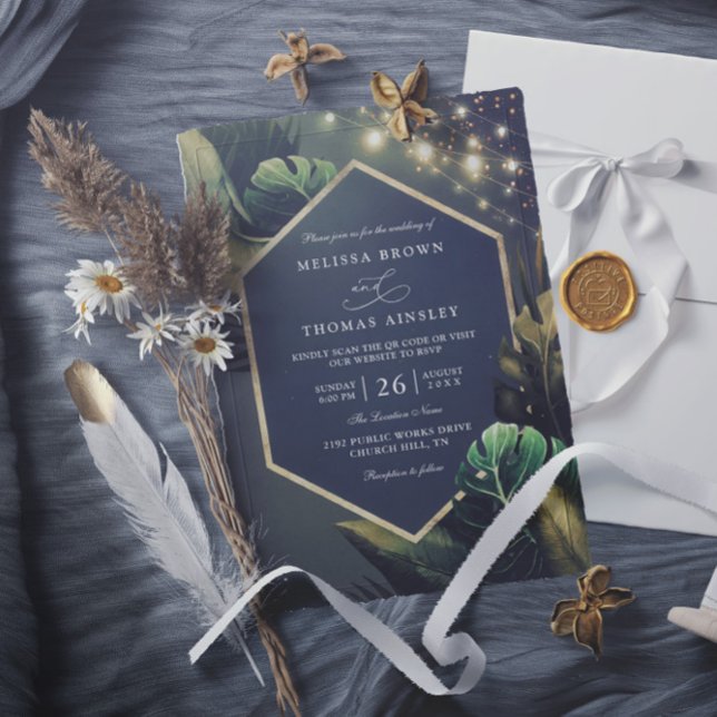 Invitación Tropical Seaside Night Gold Palms QR Code Wedding (Subido por el creador)
