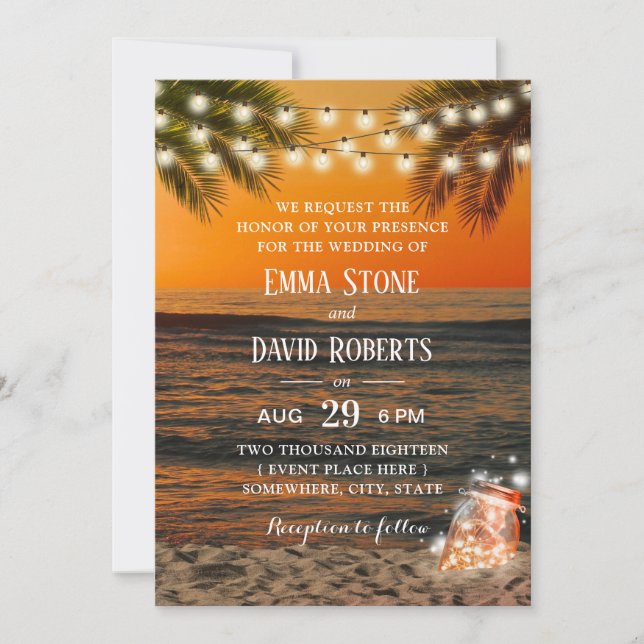 Invitación Tropical Sunset Beach Wedding Glow Mason Jar (Anverso)