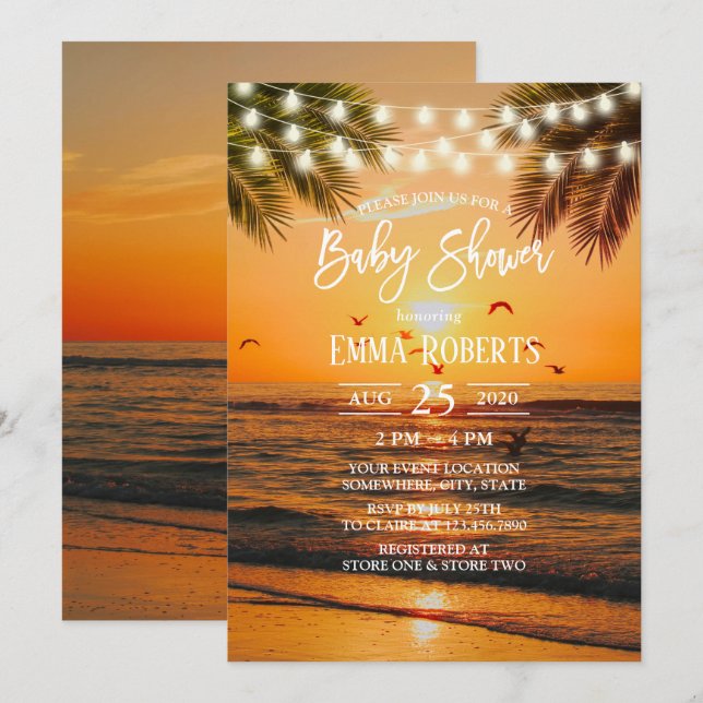 Invitación Tropical Sunset Palm Beach Baby Shower (Anverso / Reverso)