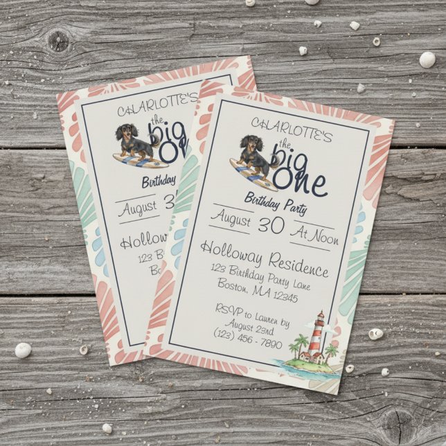 Invitación Tropical The Big One Surf Dachshund Cumpleaños (Celebrate your little one’s special day with this Tropical The Big One Surf Dachshund Birthday!)