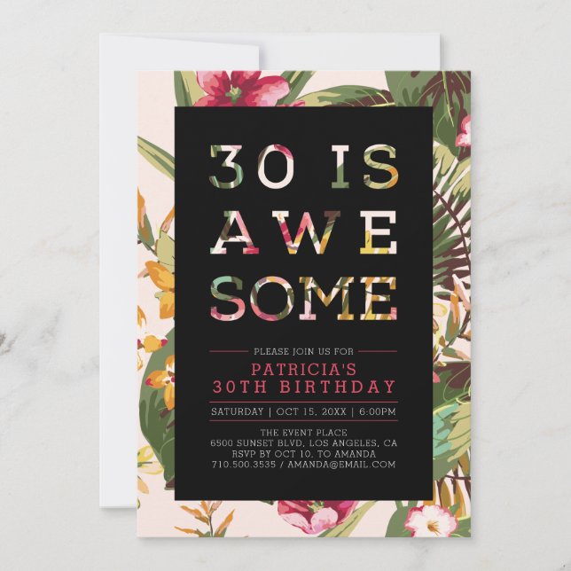 Invitación Tropical | Tipografía Moderna Fiesta Cumpleaños 30 (Anverso)