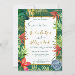 Invitación Tropical vegetación palma oro guión