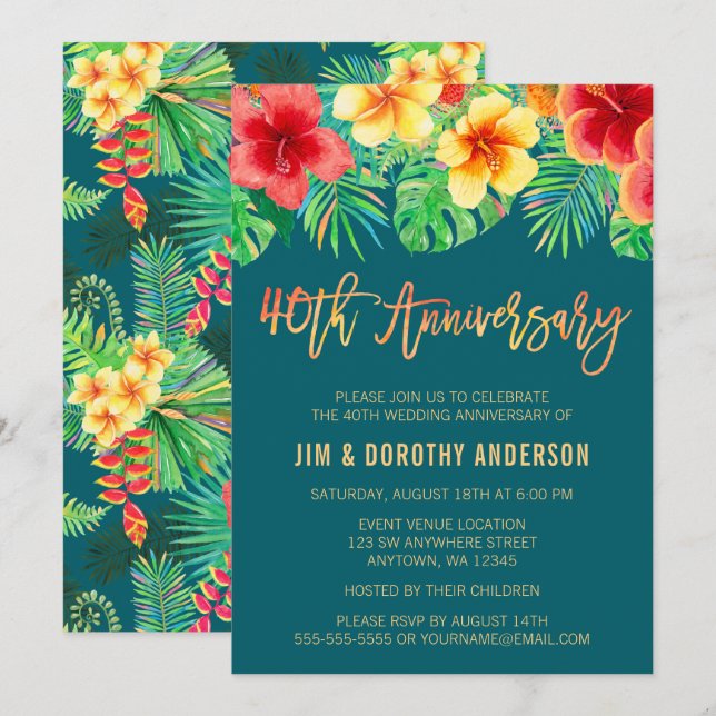 Invitación Tropical Watercolor Flower 40th Anniversary (Anverso / Reverso)