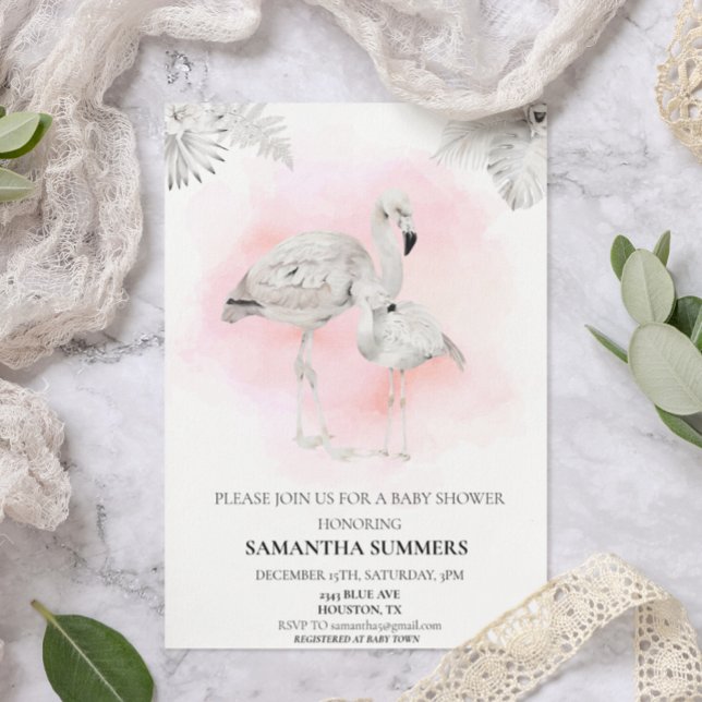 Invitación Tropical White Flamingo Baby Shower Boho  (Subido por el creador)