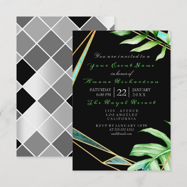 Invitación Trópico Aqua Marco Blanco NegroNoche de cumpleaños (Anverso / Reverso)
