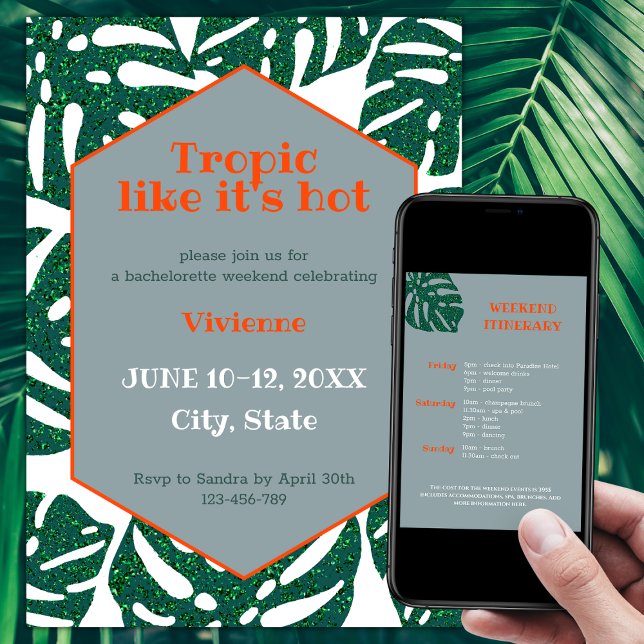 Invitación Trópico como si fuera el fin de semana de la solte (Tropic like it's hot tropical bachelorette party invitation glitter monstera green and orange)