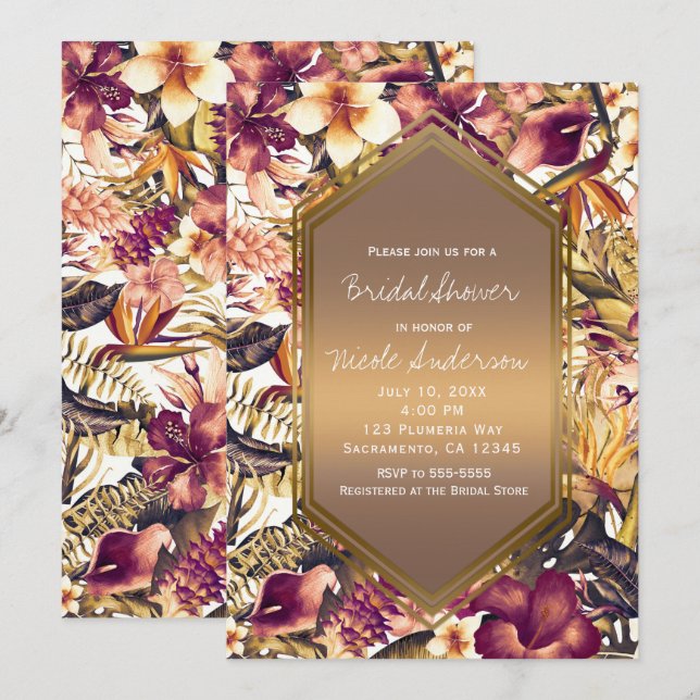 Invitación Tropicos dorados hawaianos elegante ducha de novia (Anverso / Reverso)