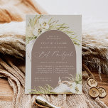 Invitación Tropicos Vintage Boho Bat Mitzvah<br><div class="desc">Las invitaciones del murciélago tropical de moda mitzvah en una atractiva paleta de color neutro cuentan con un elemento central arcos que lleva su ceremonia y celebración o detalles fiestas, acentuados con frondas de palma de color verde claro, follaje de isla de playa, orquídeas blancas, botánicos secos en boho y...</div>