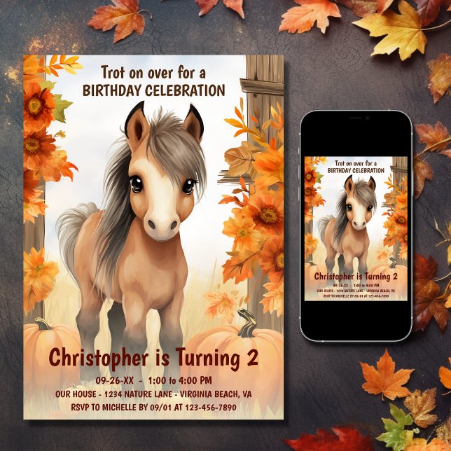 Invitación Trot sobre la caída de caballos en otoño (Printed and Digital - Trot on Over Cute Autumn Horse Fall Birthday Invitation)