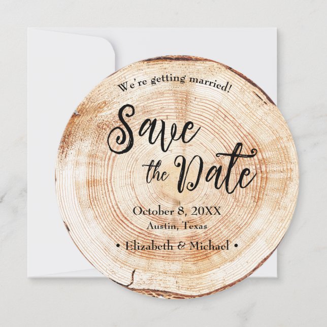 Invitación Trozo de árbol de madera Boda Rústica Ahorra la fo (Anverso)