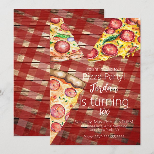 Invitación Trozos de pastel de pizza de acuarela Cumpleaños G (Anverso / Reverso)