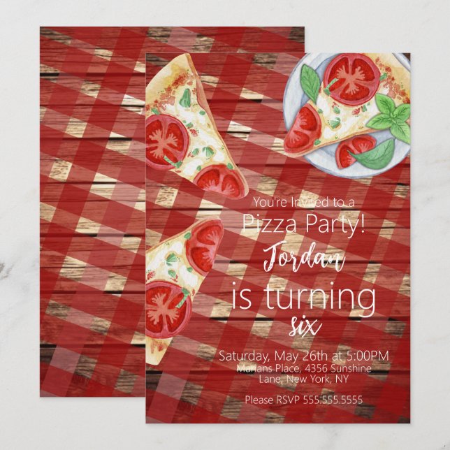 Invitación Trozos de Pizza Rústica Guión de Fiesta de Cumplea (Anverso / Reverso)