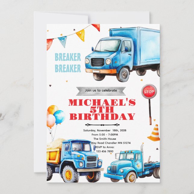 Invitación Trucks birthday party theme invitation (Anverso)