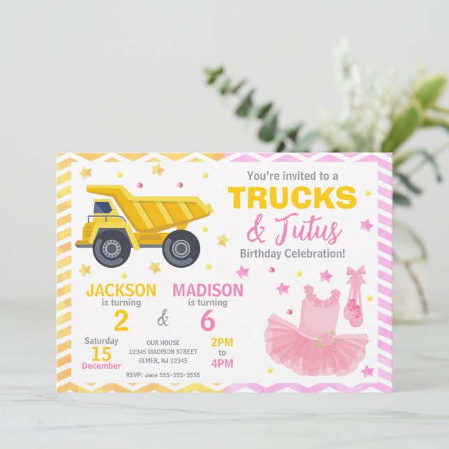 Invitación Trucks & Tutus Joint Birthday Invitation (Anverso de pie)