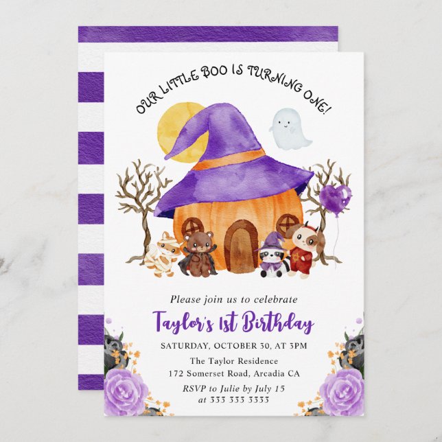 Invitación Truco acuarela o trato de Halloween 1º cumpleaños (Anverso / Reverso)
