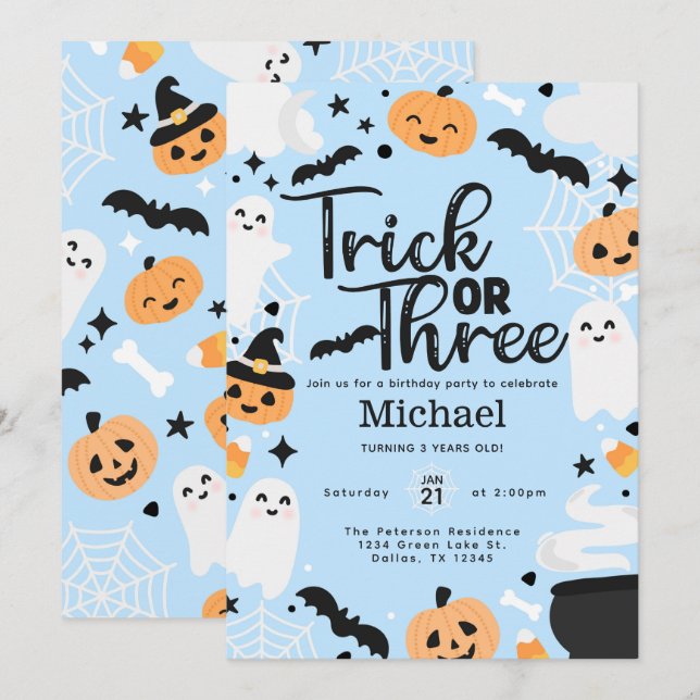 Invitación Truco de Halloween o Fiesta de tres cumpleaños (Anverso / Reverso)