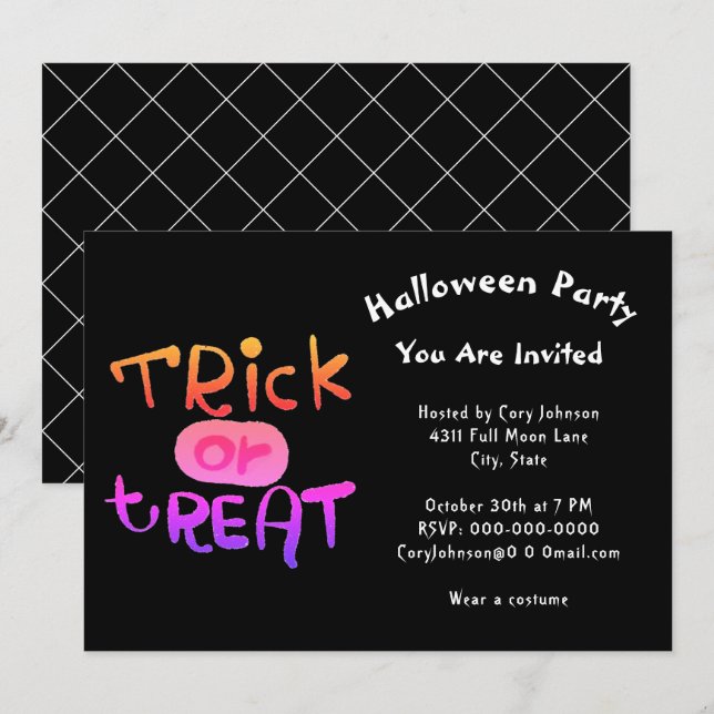 Invitación Truco espeluznante o fiesta de Halloween blanco ne (Anverso / Reverso)