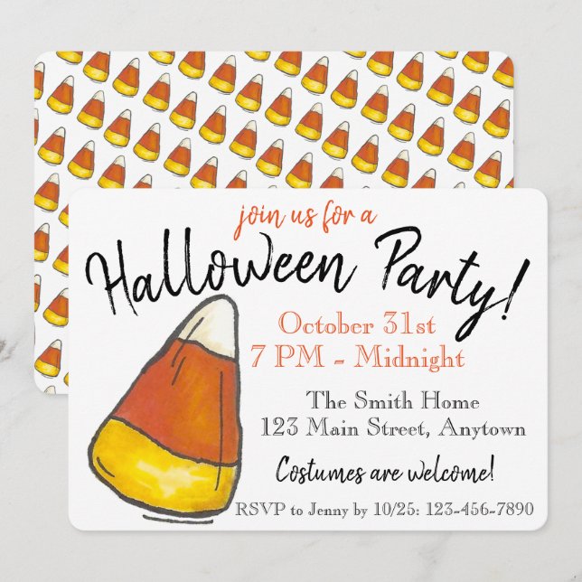 Invitación Truco o trato de la fiesta de Halloween con maíz d (Anverso / Reverso)