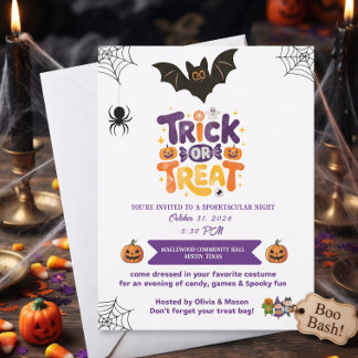 Invitación Truco o trato Dulce y espeluznante Halloween Boo B