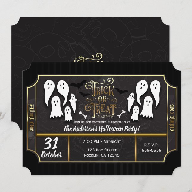 Invitación Truco o trato fantasmas fiesta de Halloween de Oro (Anverso / Reverso)