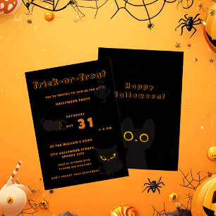 Invitación Truco o trato Gato negro lindo de Halloween