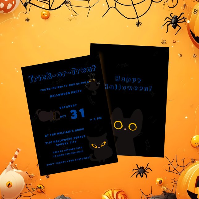 Invitación Truco o trato | Halloween de gato negro lindo (Subido por el creador)