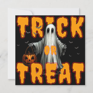 Invitación truco o trato halloween espantoso fantasma calabaz