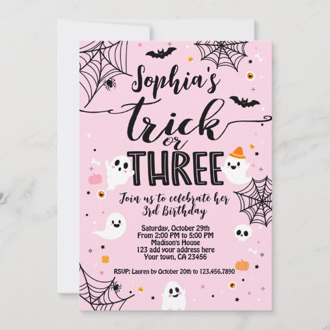 Invitación Truco o tres cumpleaños, Halloween rosa (Anverso)