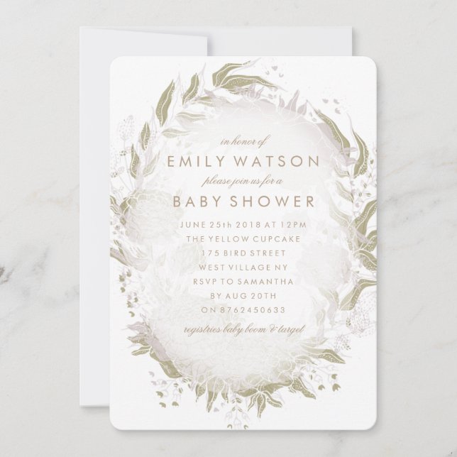 Invitación True Romance Relieve metalizado Floral Frame Baby  (Anverso)