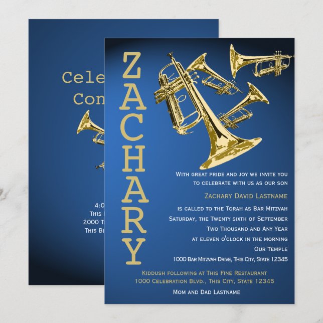 Invitación Trumpet Mania Music Blue Gold Bar Mitzvah (Anverso / Reverso)